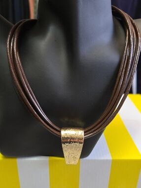 Multi-Strand Brown Leather Necklace with Gold Tone Accent #0908
